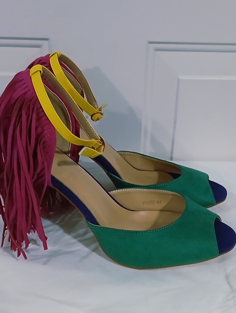 Colorblock Green Peep-Toe Fringe Heels with Yellow Ankle Strap